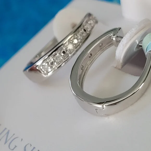 Sterling Silver Pave Set Hoop Earrings with 12 Geniune Diamond Stones NwT